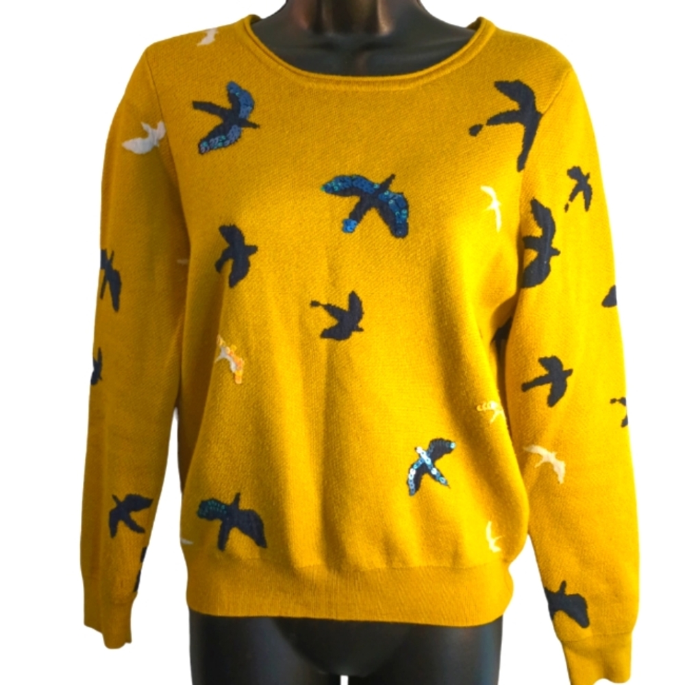 La go go Shirt, Women's Medium, Mustard Yellow, Blue sequined birds, Europe 40